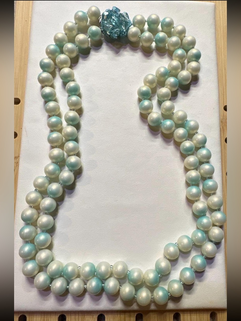 1950s Powder Blue Faux Pearl Necklace with Gemstone Clasp